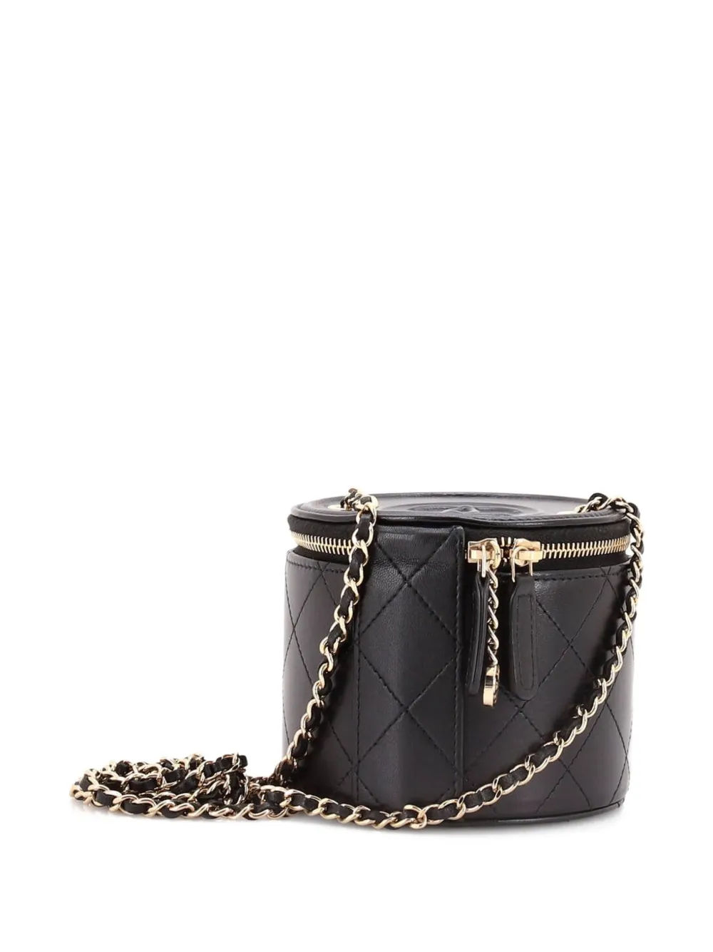 CHANEL Pre-owned Cc Round Vanity Case With Chain Quilted Lambskin Mini Clutch Bag In Black