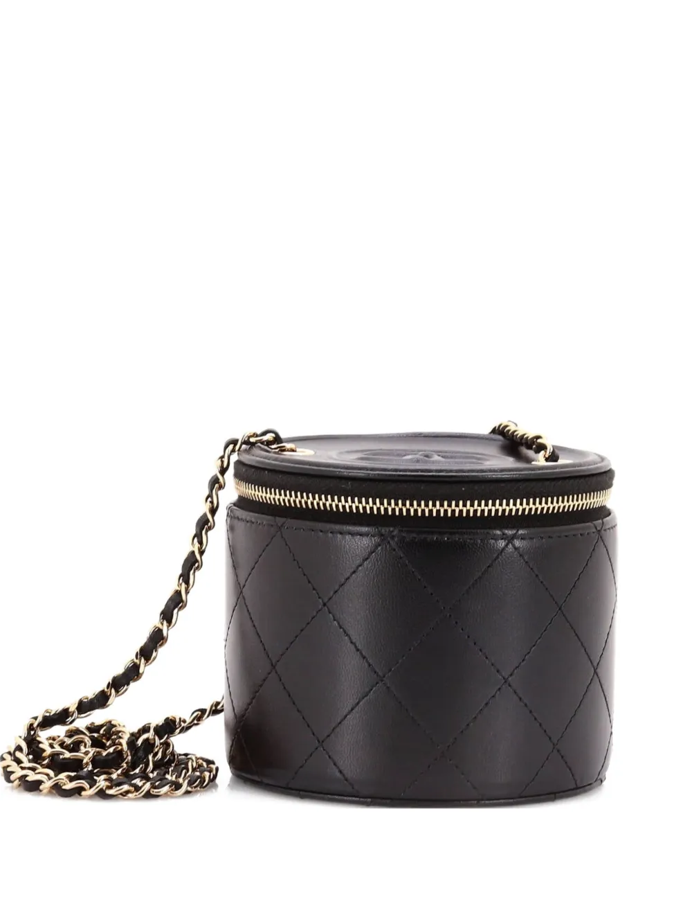 Pre-owned Chanel Cc Round Vanity Case With Chain Quilted Lambskin Mini Clutch Bag In Black