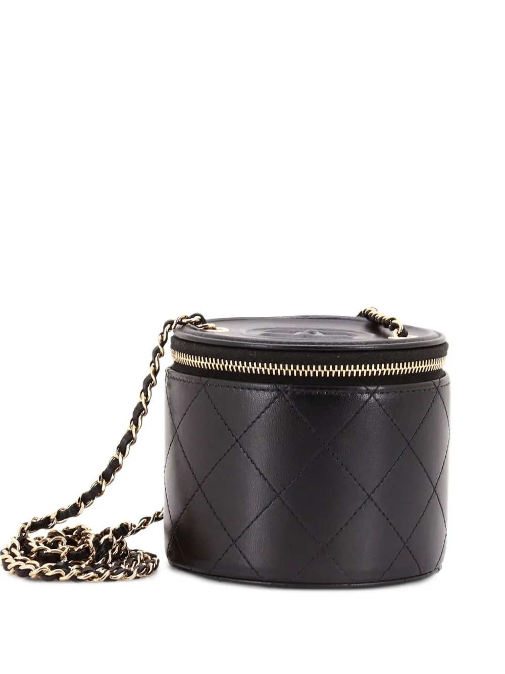 CHANEL Pre-Owned CC Round Vanity Case with Chain Quilted Lambskin Mini clutch bag – Black