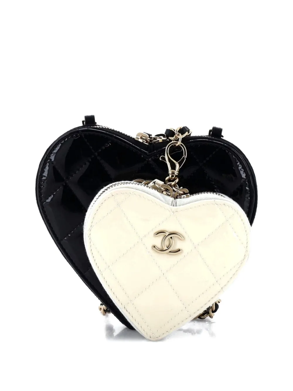 Pre-owned Chanel Double Heart Clutch With Chain Quilted Patent Crossbody Bag In Black