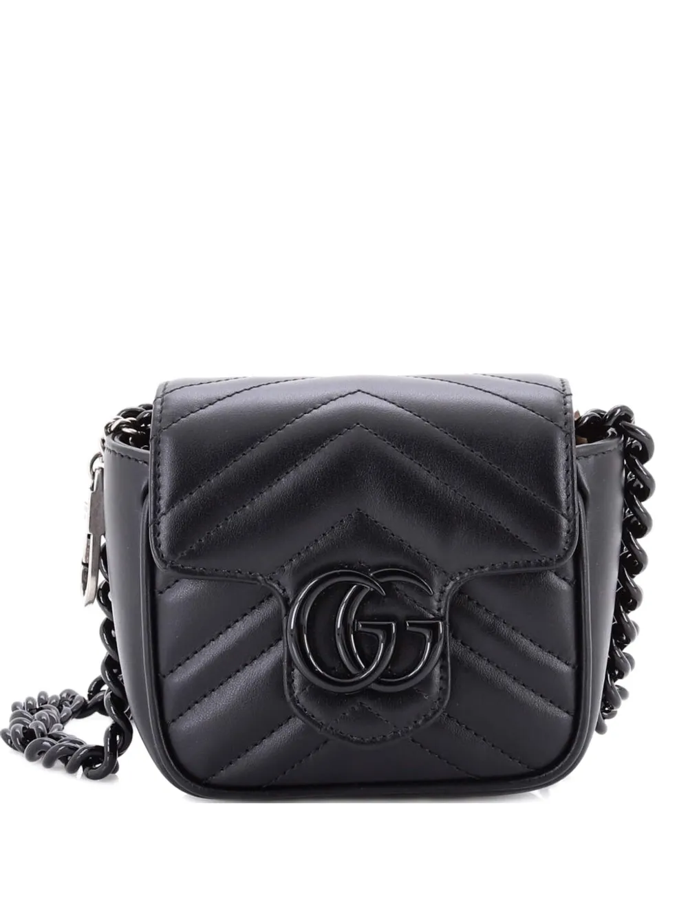 Pre-owned Gucci Gg Marmont Flap Matelasse Leather Mini Belt Bag In Black