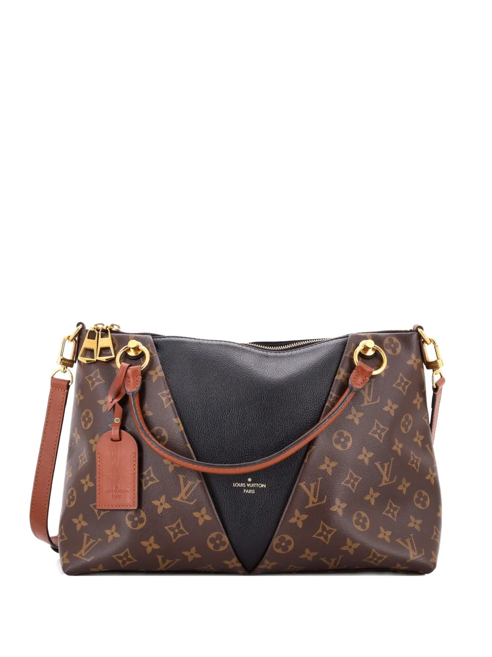 Pre-owned Louis Vuitton V Tote Monogram Canvas And Leather Mm Shoulder Bag In Black