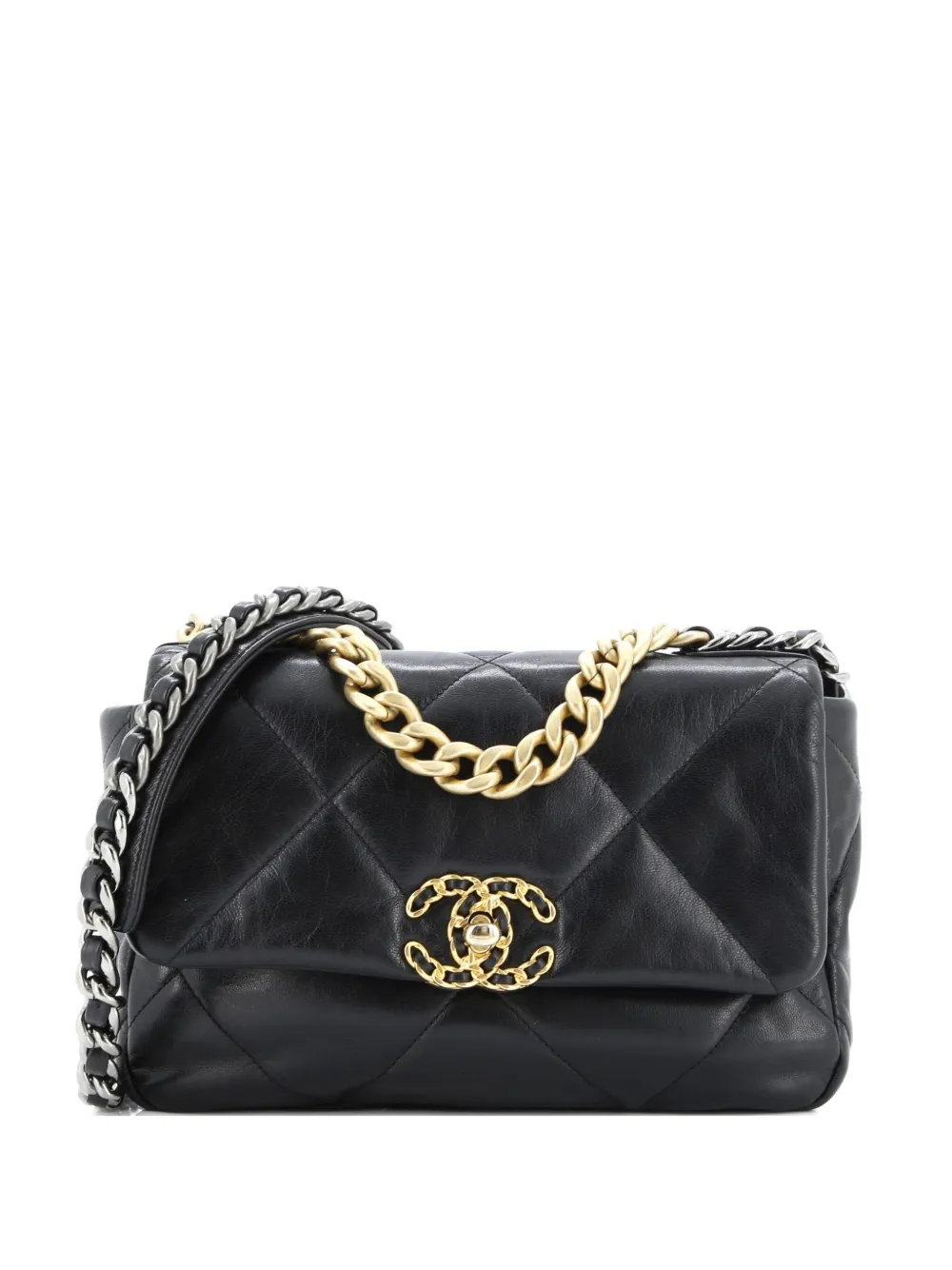 Pre-owned Chanel 19 Flap Bag Quilted Shiny Crumpled Calfskin Medium Crossbody Bag In Black