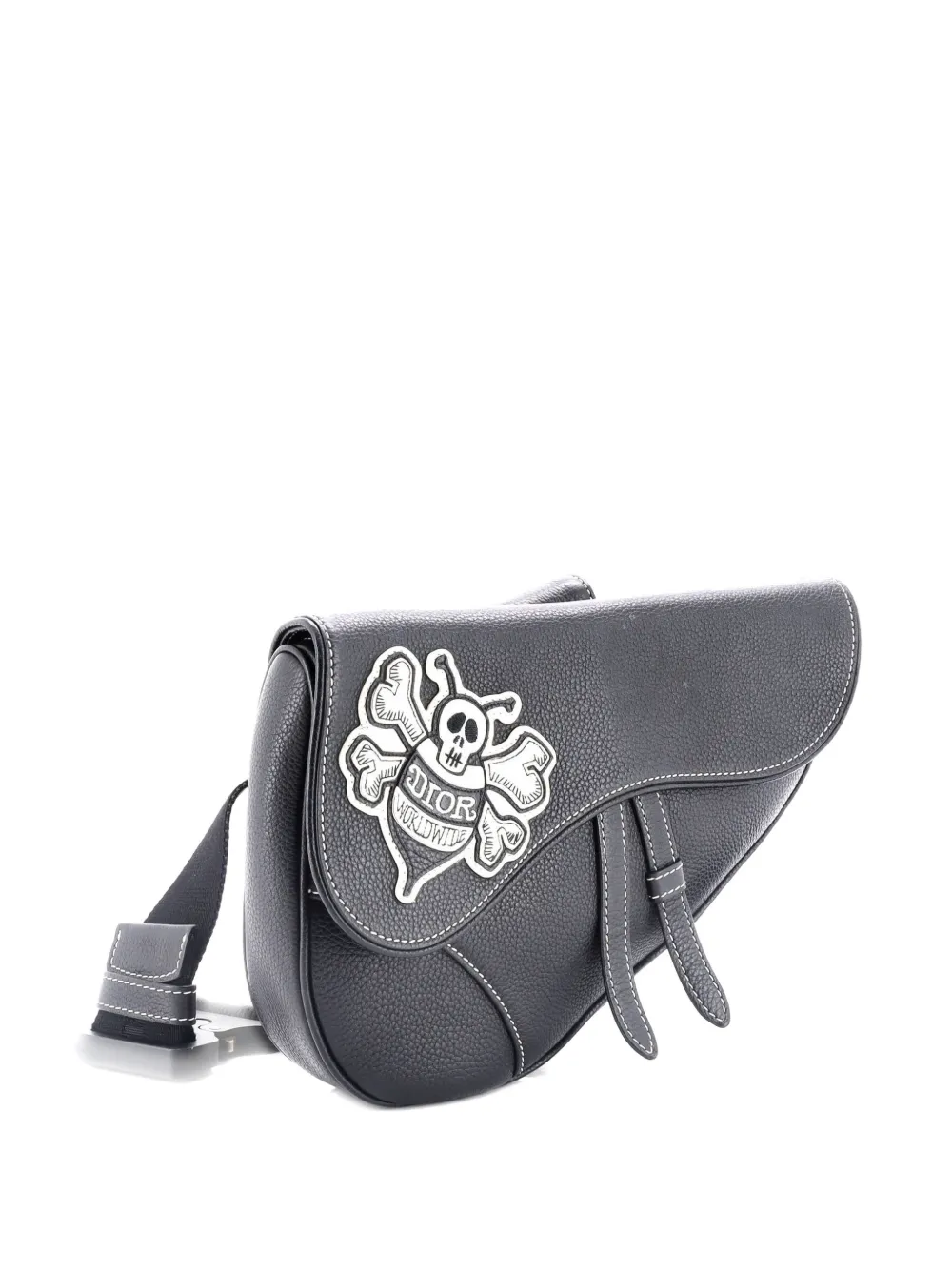 DIOR Pre-owned Shawn Stussy Saddle Leather With Applique Crossbody Bag In Black