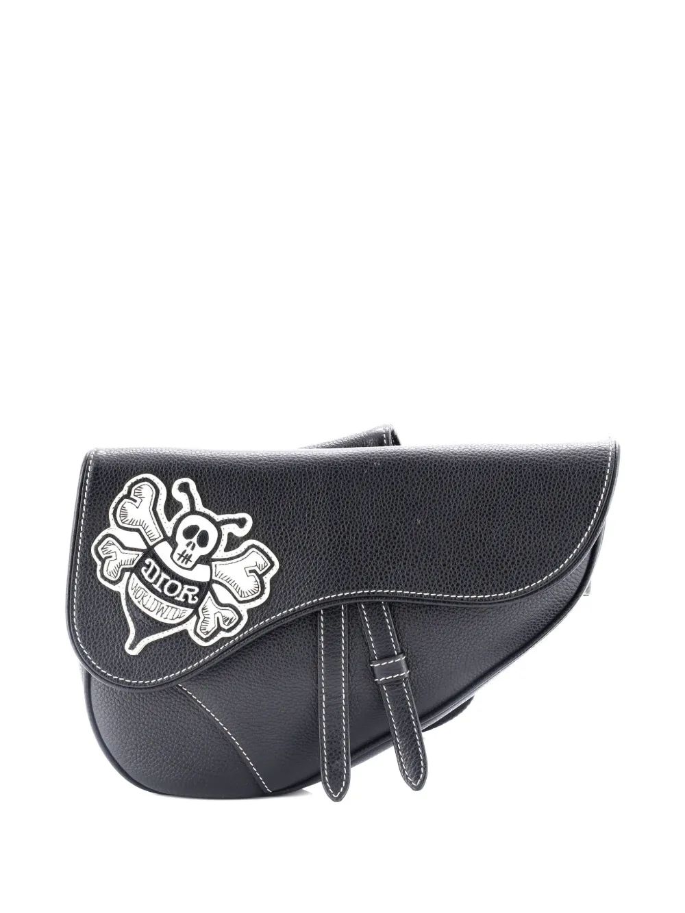 Pre-owned Dior Shawn Stussy Saddle Leather With Applique Crossbody Bag In Black