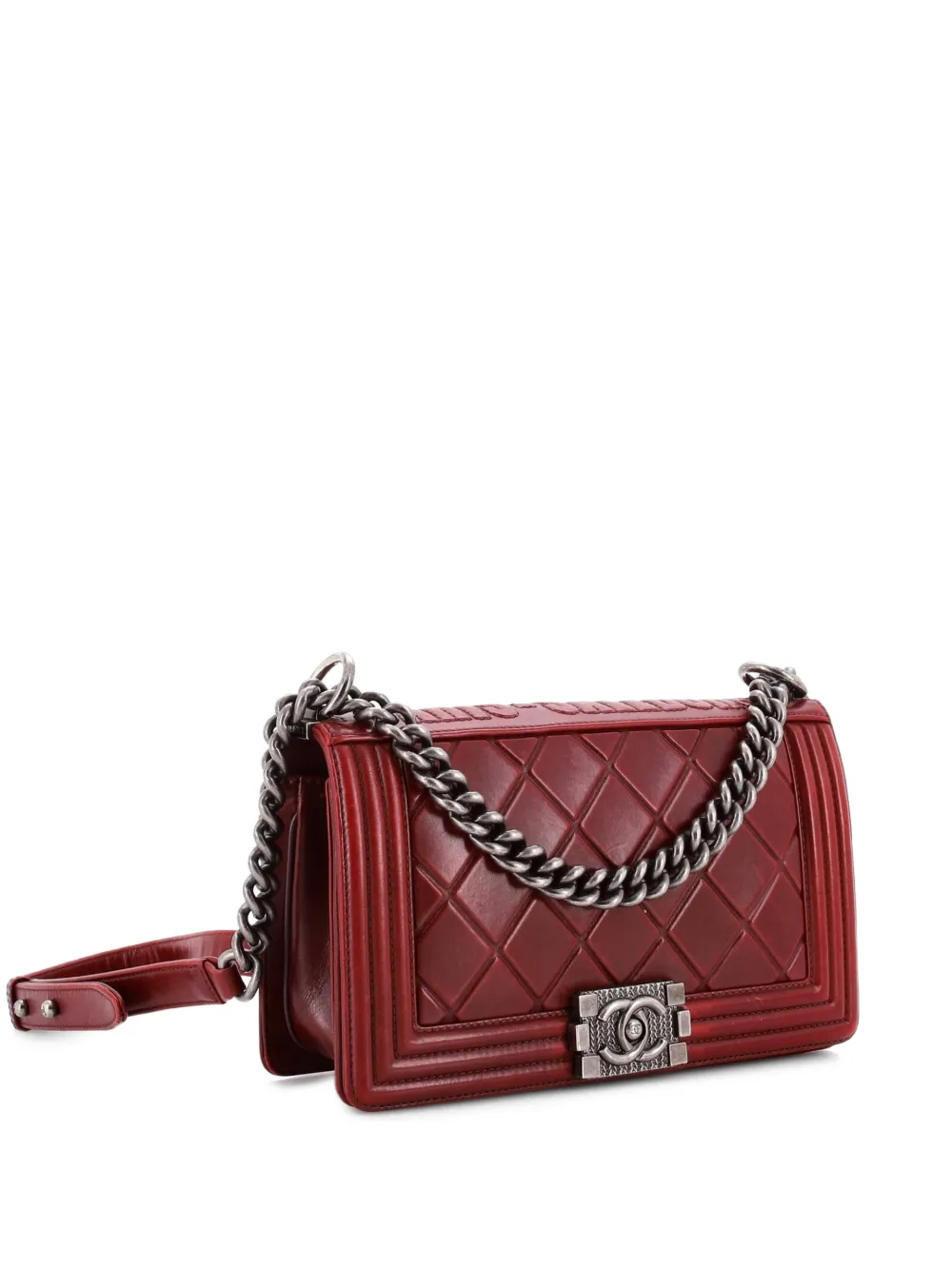 Pre-owned Chanel Paris-salzburg Boy Flap Bag Embossed Calfskin Old Medium Shoulder Bag In Red