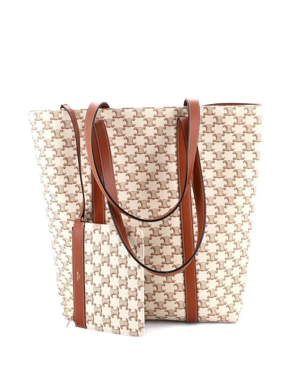 Pre-owned Celine Museum Shopper Tote Triomphe Canvas Tall Shoulder Bag In Brown