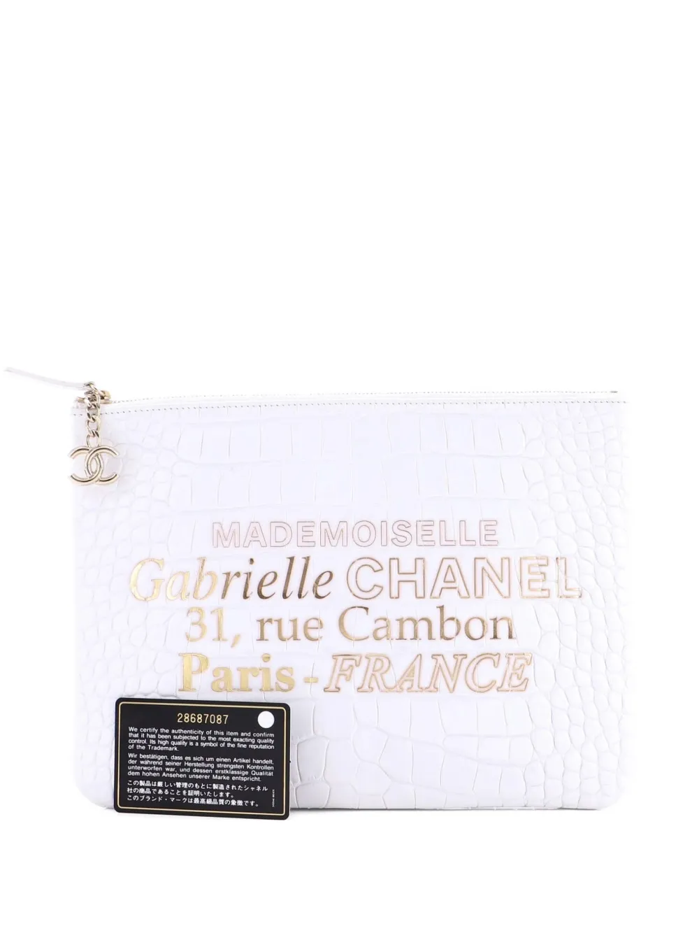 Pre-owned Chanel Signature O Case Pouch Printed Crocodile Embossed Calfskin Medium Clutch Bag In White