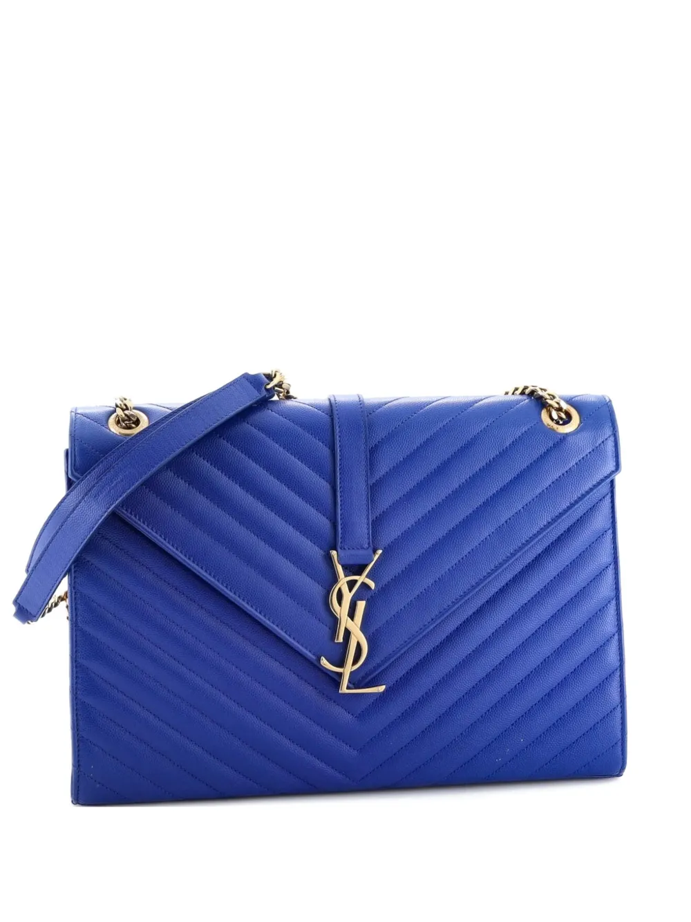 Pre-owned Saint Laurent Classic Monogram Envelope Satchel Matelasse Chevron Leather Large Shoulder Bag In Blue