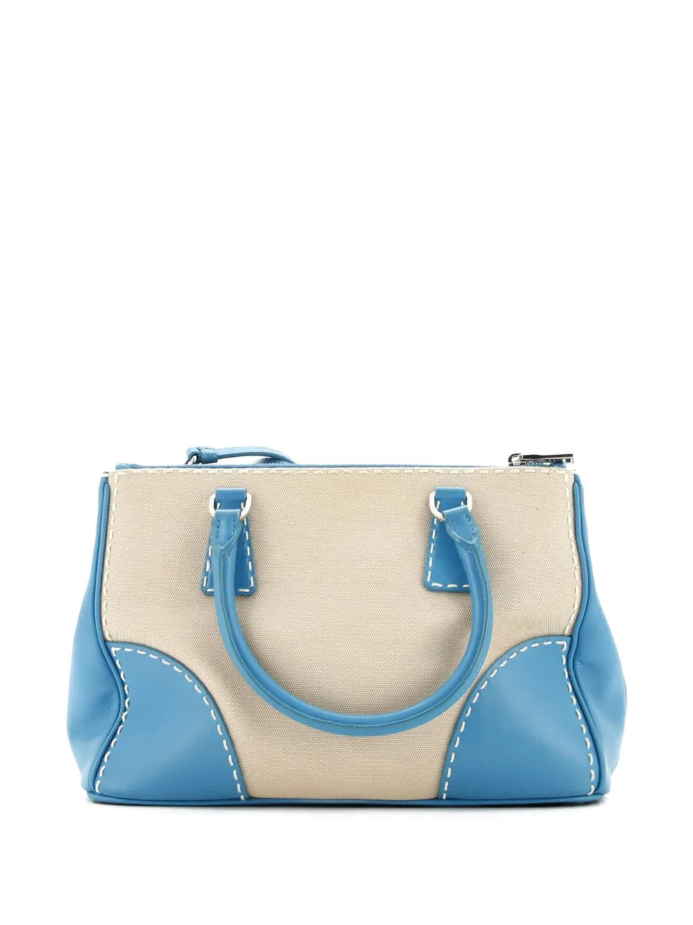 Pre-owned Prada Double Zip Convertible Stitched City Calf And Canvas Small Tote Bag In Blue