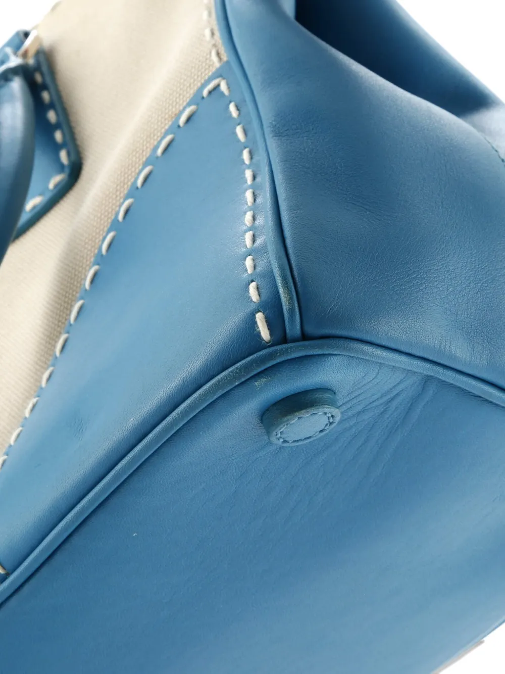 Pre-owned Prada Double Zip Convertible Stitched City Calf And Canvas Small Tote Bag In Blue