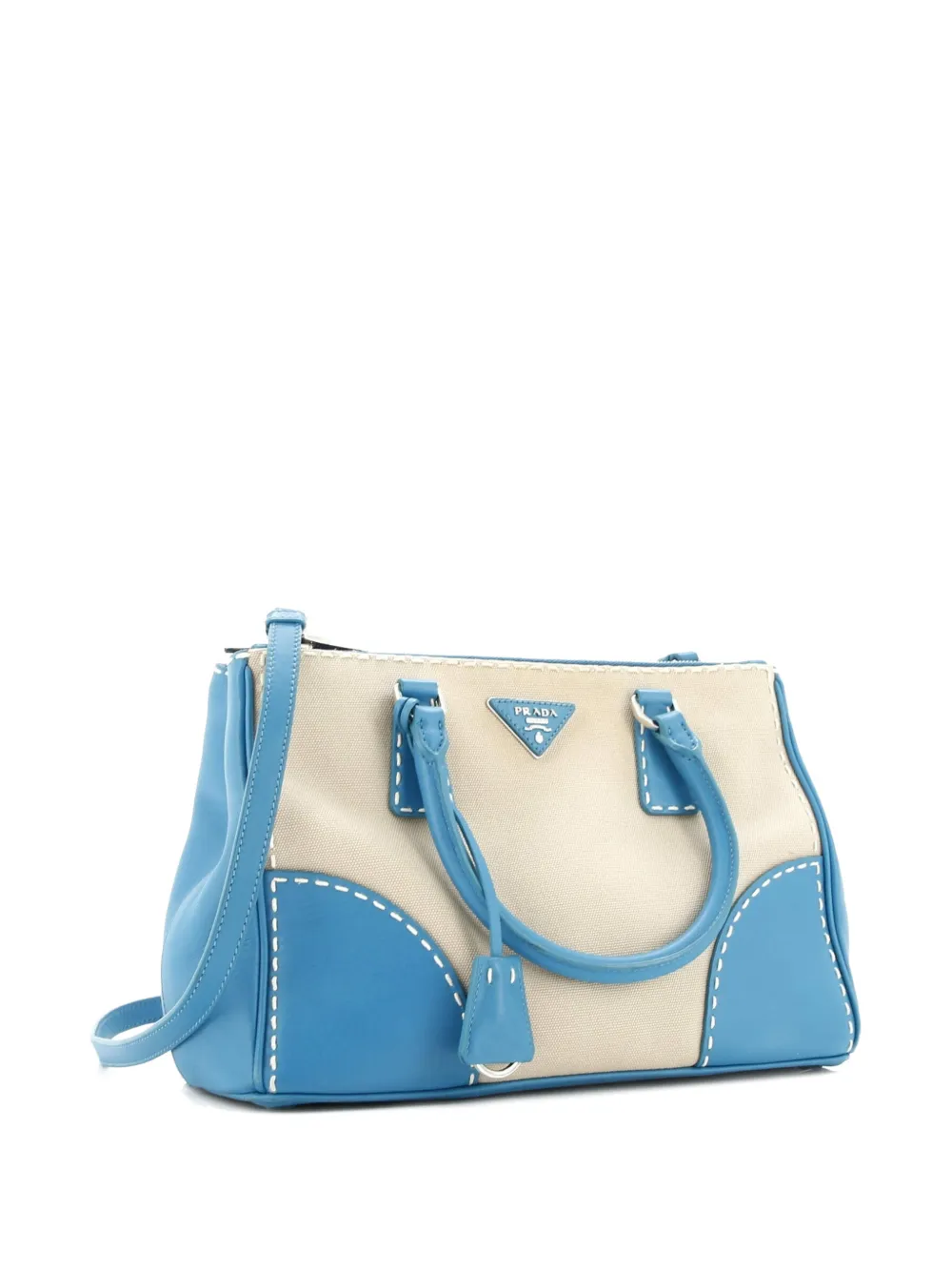 Pre-owned Prada Double Zip Convertible Stitched City Calf And Canvas Small Tote Bag In Blue