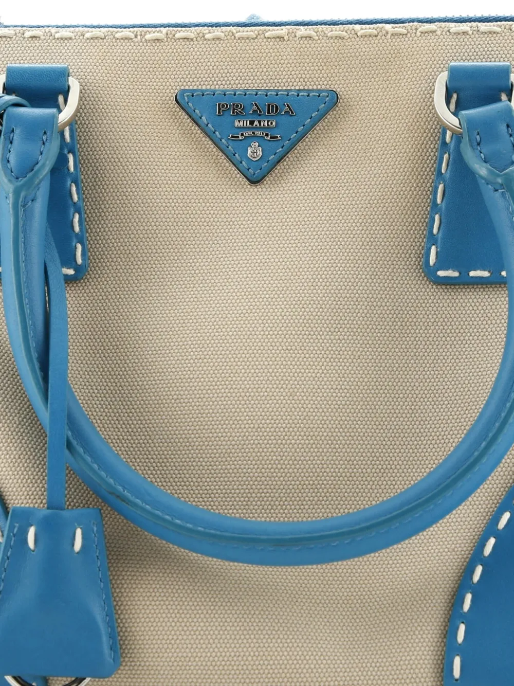 Pre-owned Prada Double Zip Convertible Stitched City Calf And Canvas Small Tote Bag In Blue