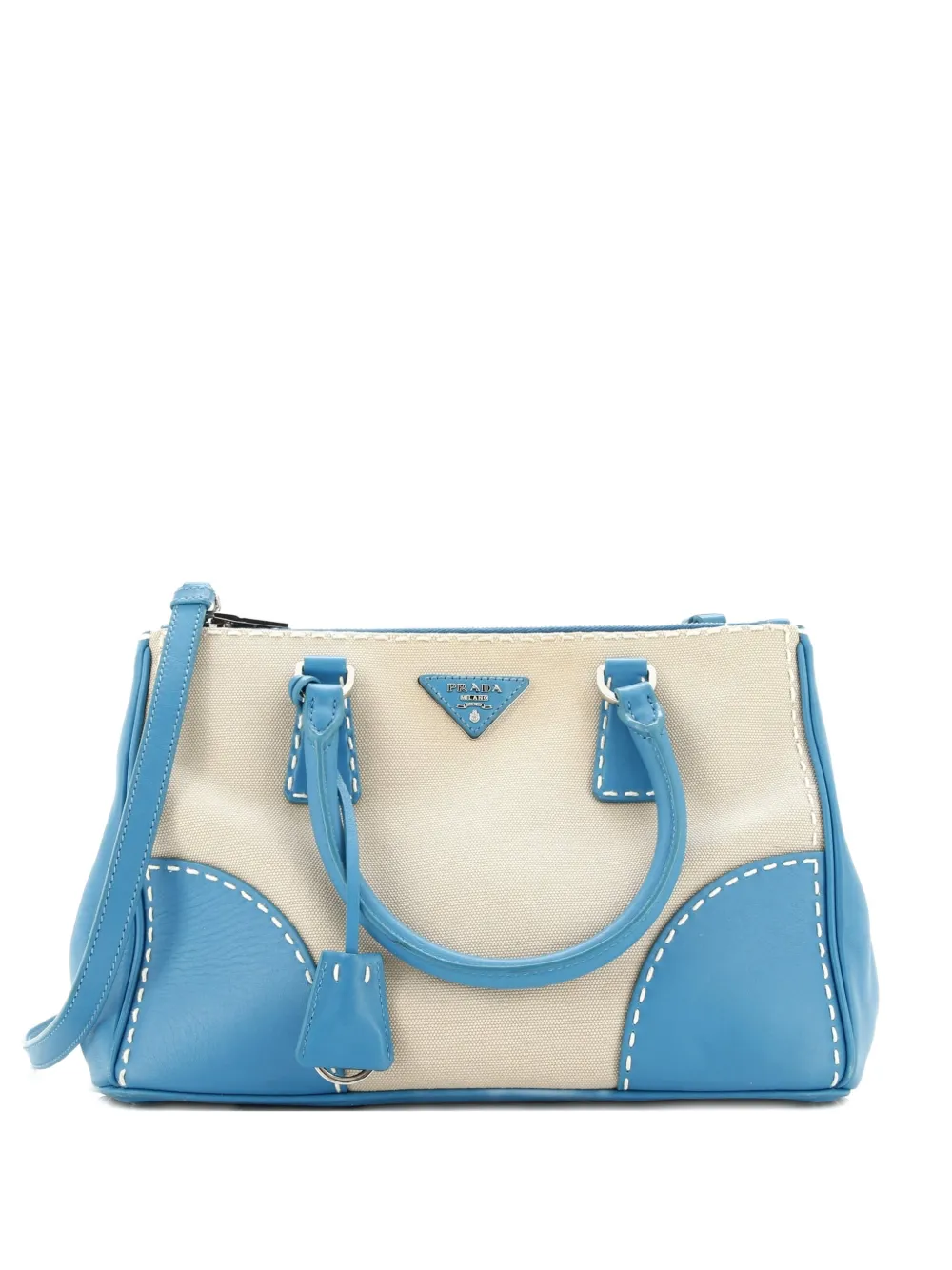 Pre-owned Prada Double Zip Convertible Stitched City Calf And Canvas Small Tote Bag In Blue