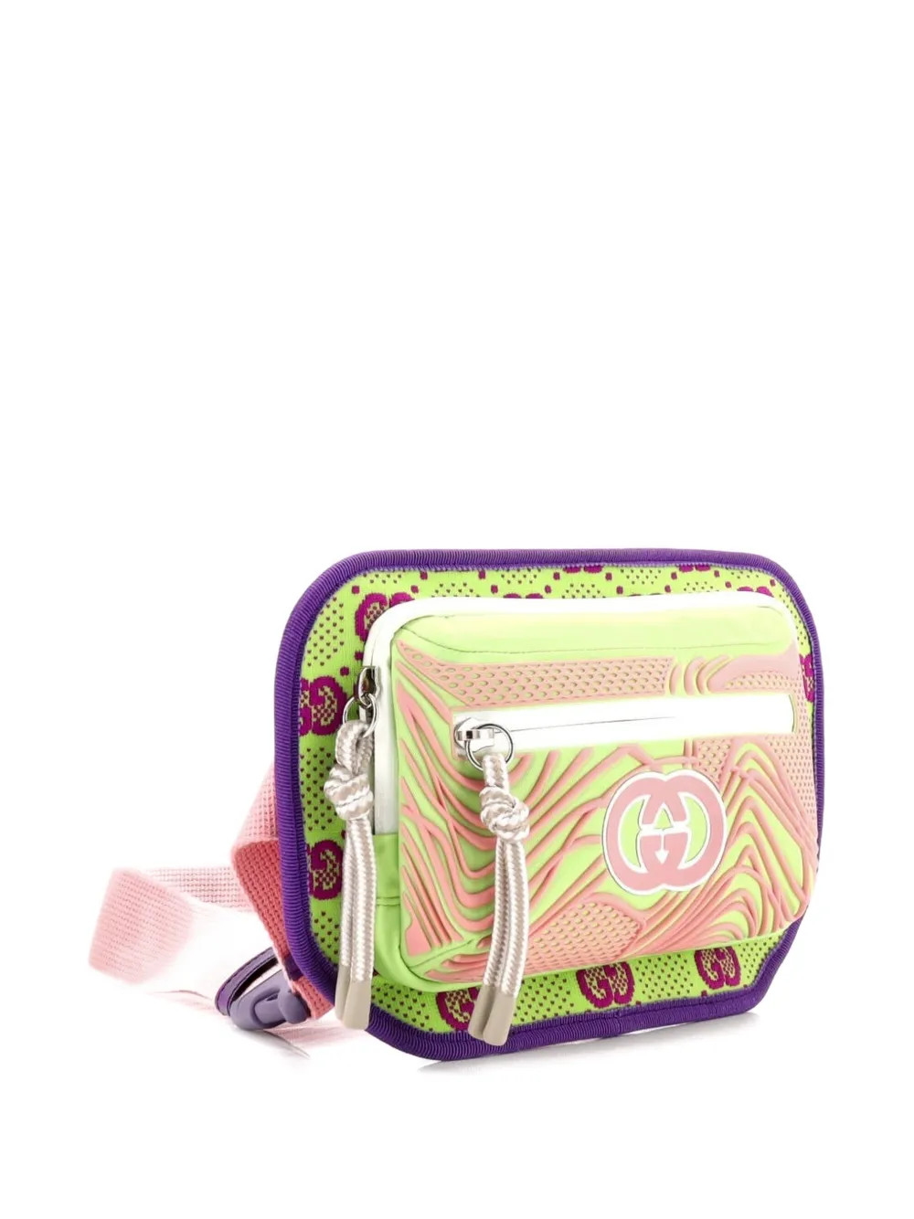 Pre-owned Gucci Panelled Front Pocket Backpack Gg Jacquard Nylon And Rubber Belt Bag In Purple