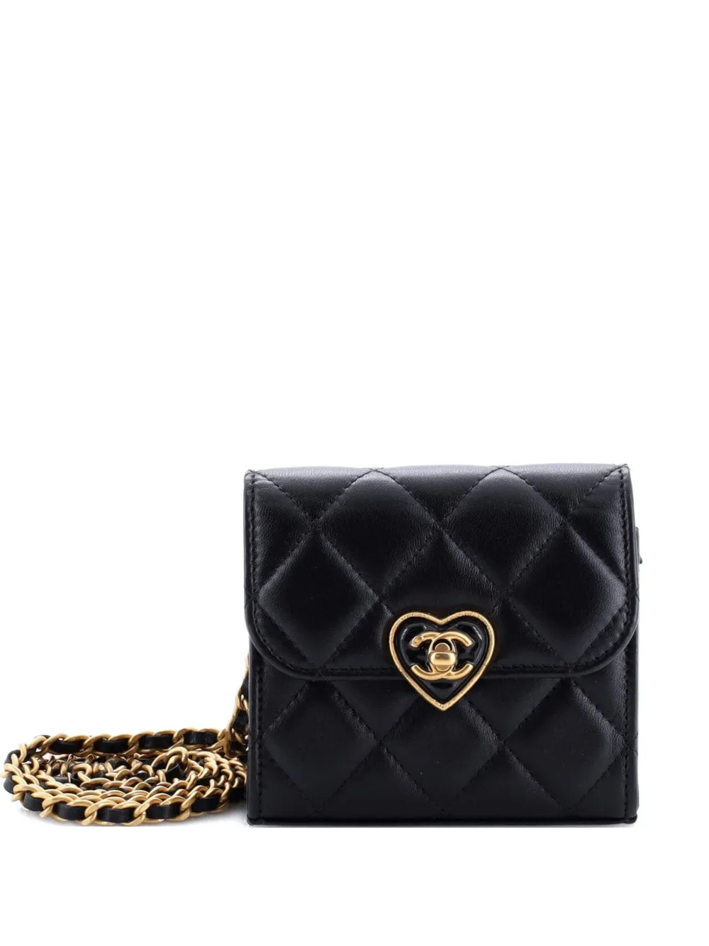 Pre-owned Chanel Coco Love Cc Heart Clutch With Chain Quilted Lambskin Mini Crossbody Bag In Black