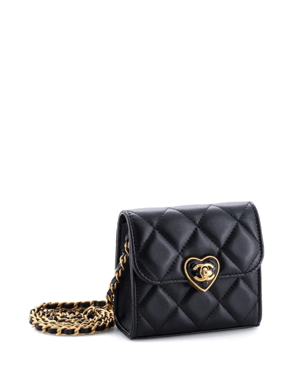 Pre-owned Chanel Coco Love Cc Heart Clutch With Chain Quilted Lambskin Mini Crossbody Bag In Black
