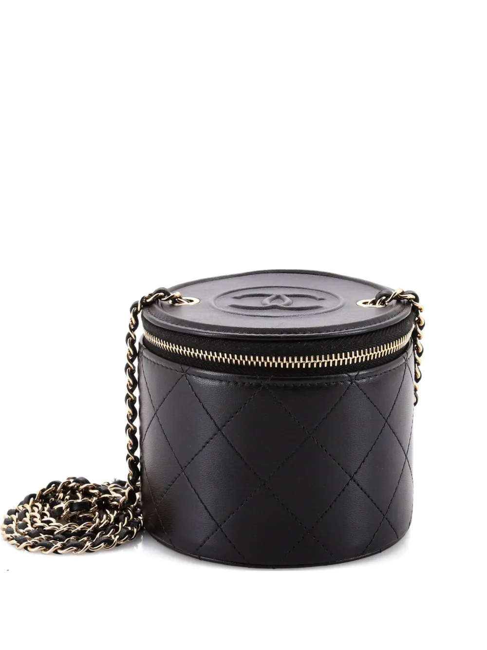 Pre-owned Chanel Cc Round Vanity Case With Chain Quilted Lambskin Mini Clutch Bag In Black
