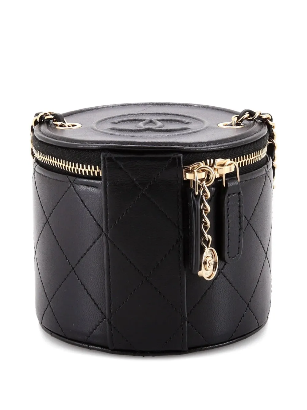 Pre-owned Chanel Cc Round Vanity Case With Chain Quilted Lambskin Mini Clutch Bag In Black