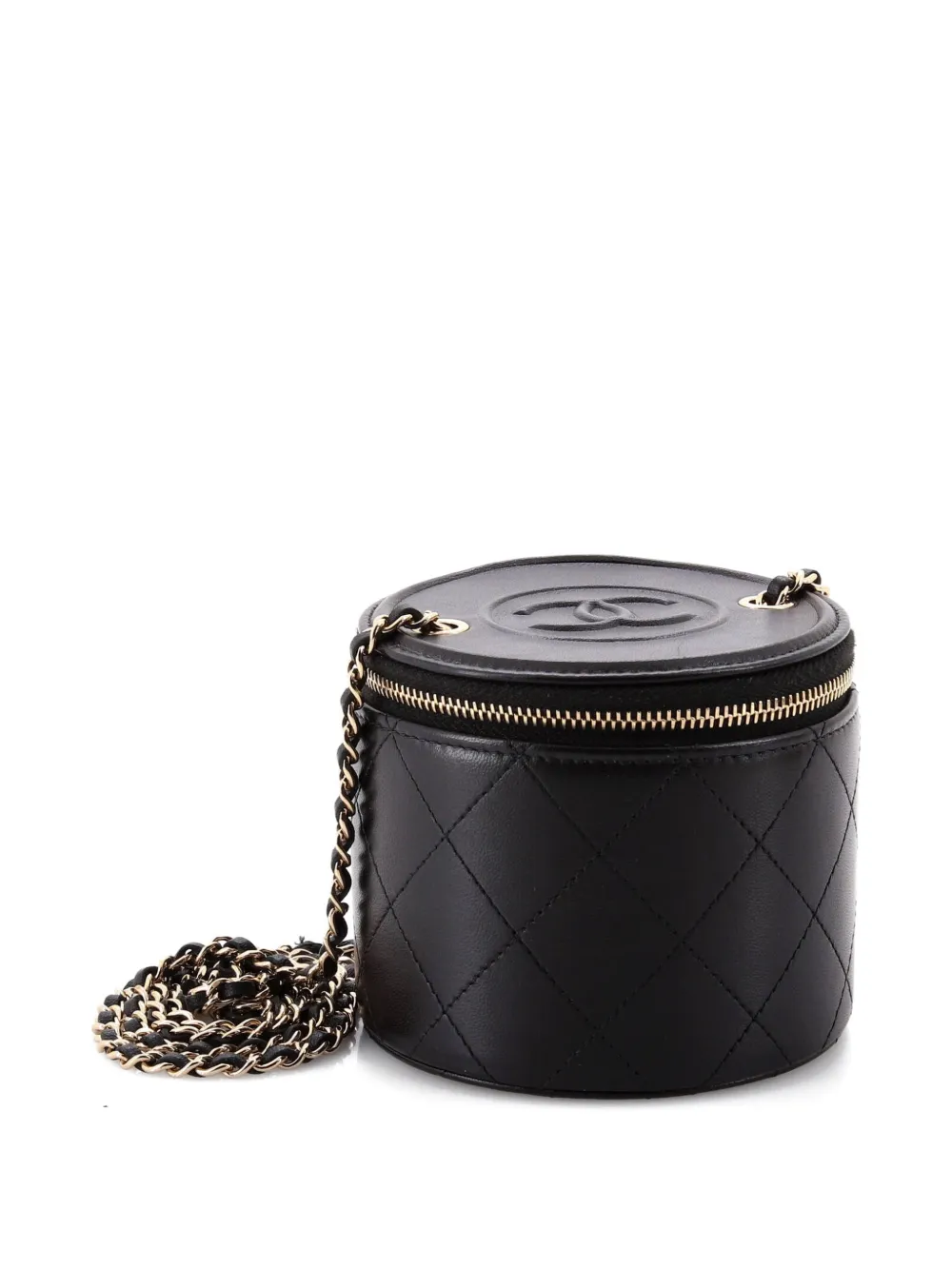 Pre-owned Chanel Cc Round Vanity Case With Chain Quilted Lambskin Mini Clutch Bag In Black