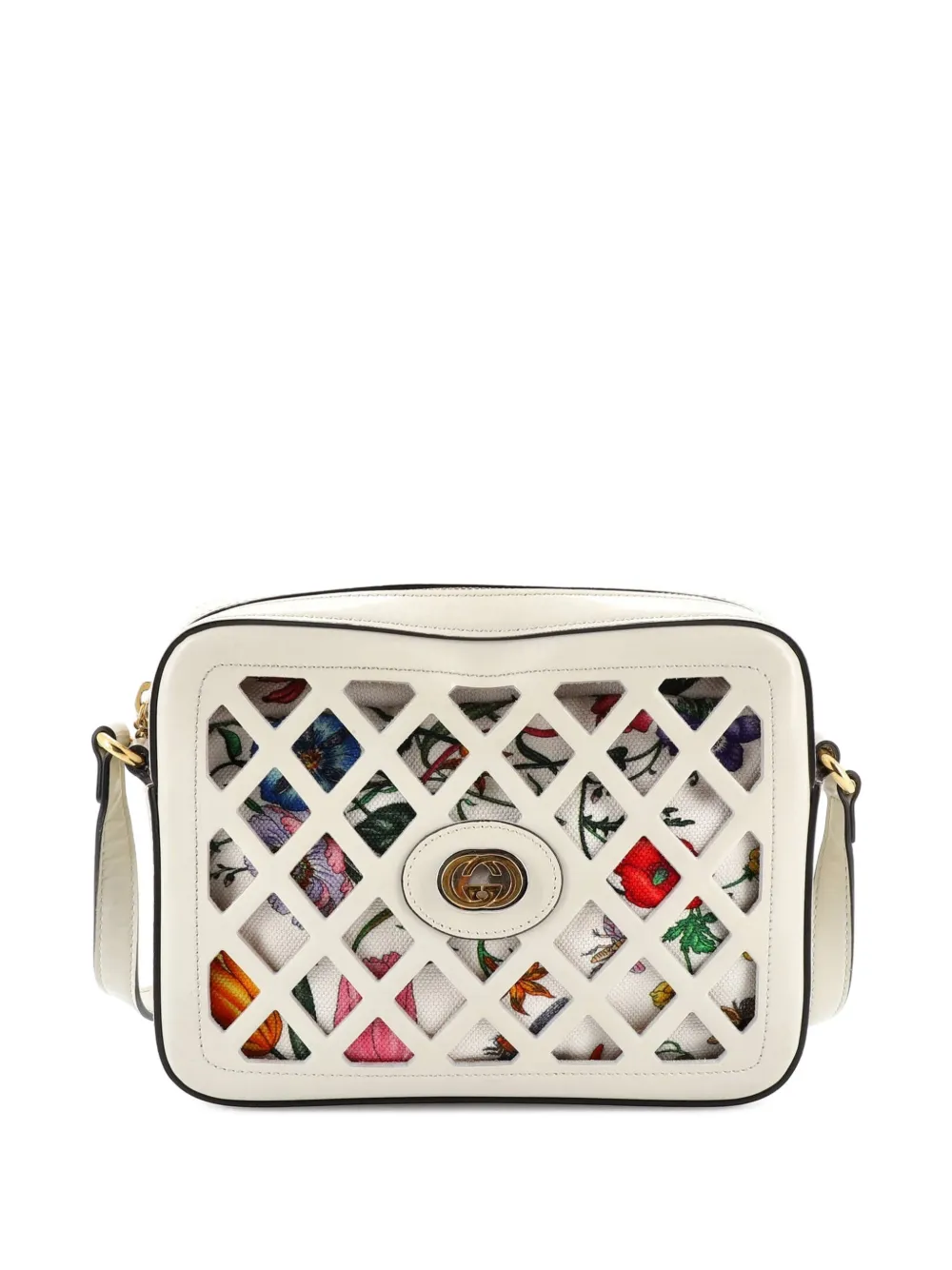 Pre-owned Gucci Camera Cutout Leather With Flora Canvas Small Crossbody Bag In Multi
