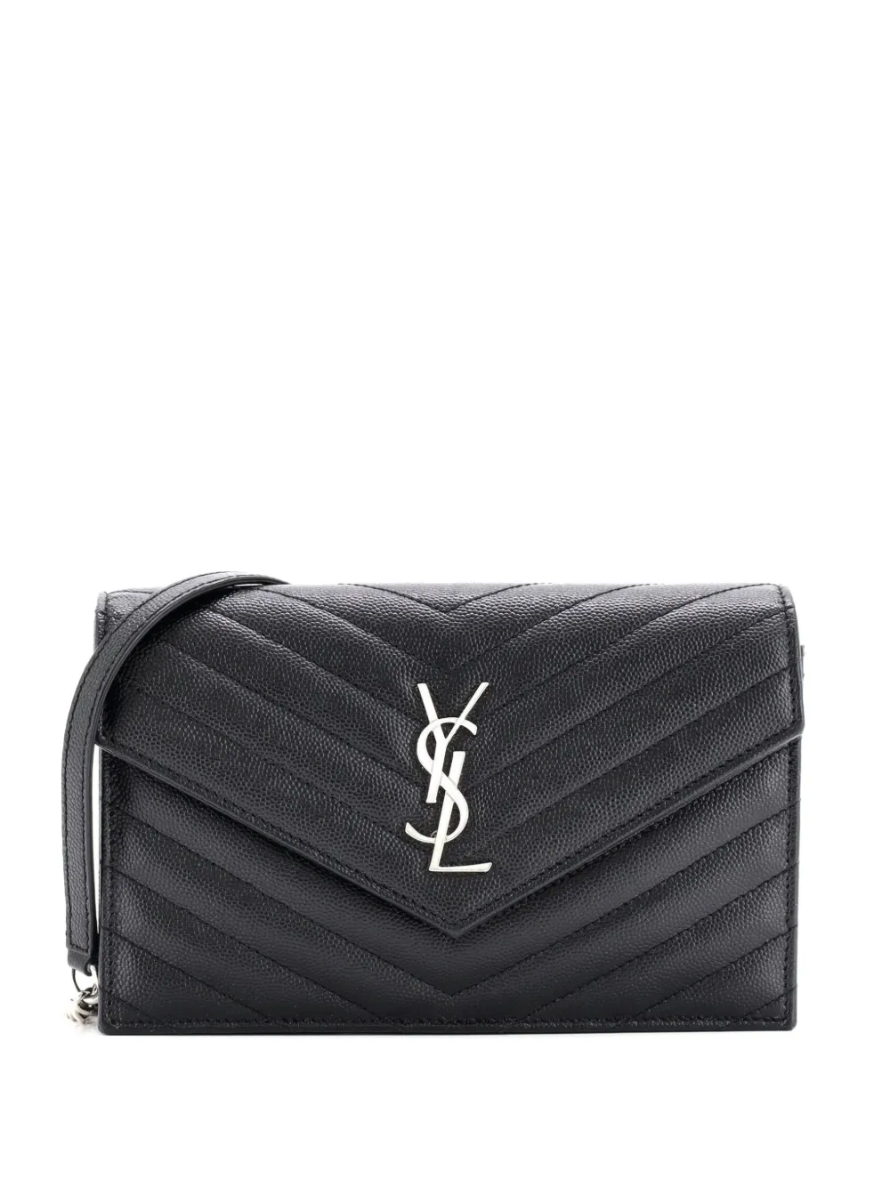Pre-owned Saint Laurent Classic Monogram Wallet On Chain Matelasse Chevron Leather Small Crossbody Bag In Black
