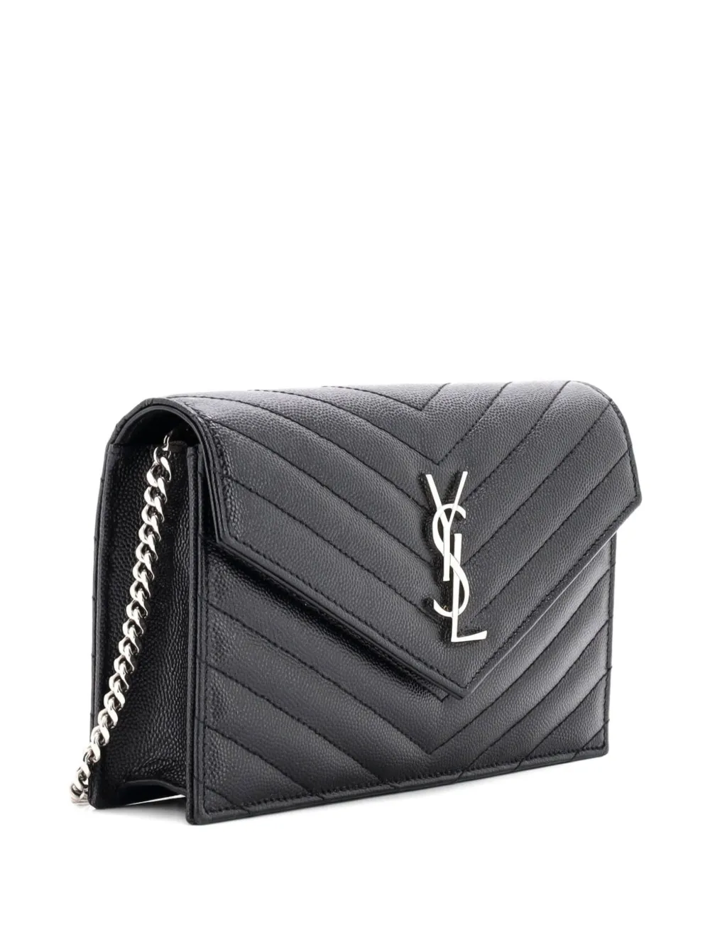 SAINT LAURENT Pre-owned Classic Monogram Wallet On Chain Matelasse Chevron Leather Small Crossbody Bag In Black