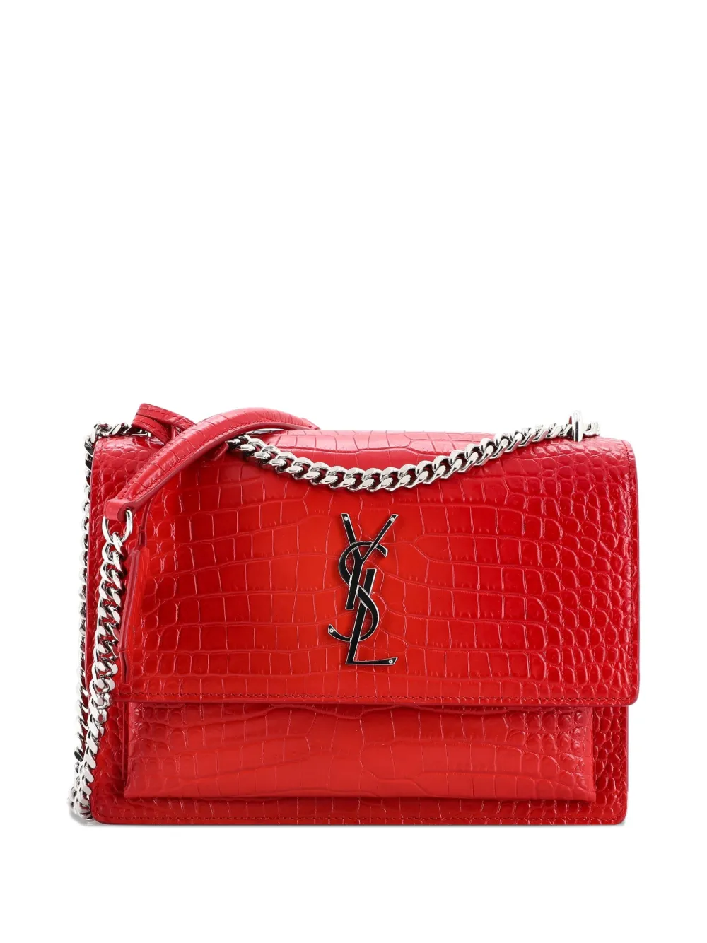 Pre-owned Saint Laurent Sunset Crocodile Embossed Leather Medium Crossbody Bag In Red
