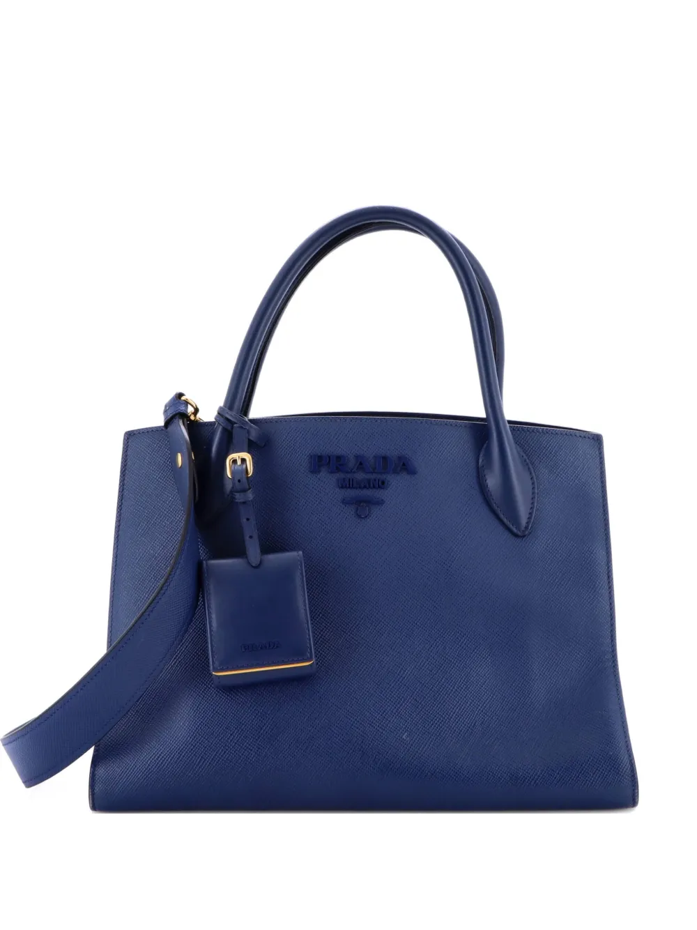 Pre-owned Prada Monochrome Saffiano With City Calf Medium Tote Bag In Blue