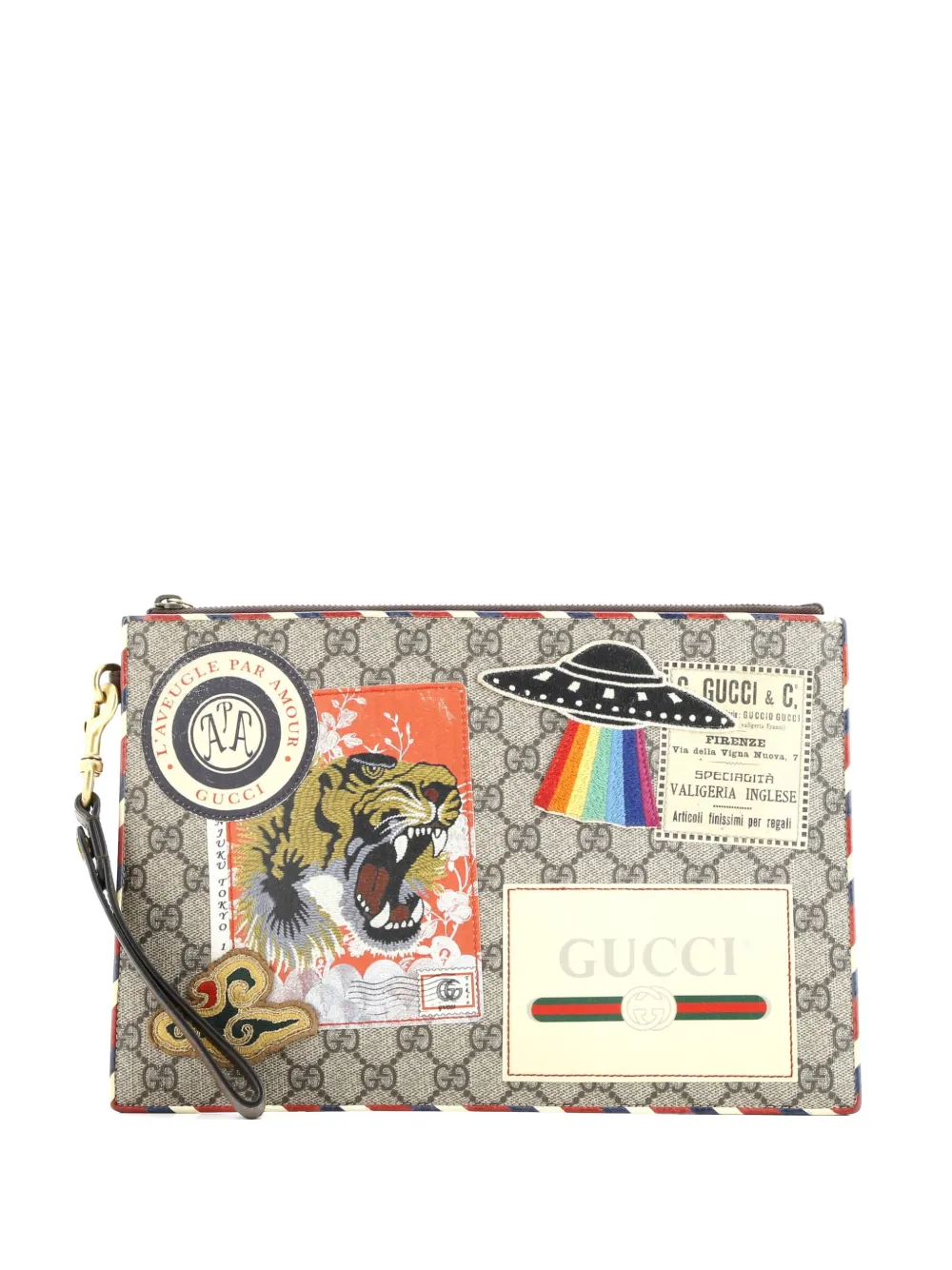 Pre-owned Gucci Courrier Pouch Gg Coated Canvas With Applique Clutch Bag In Brown