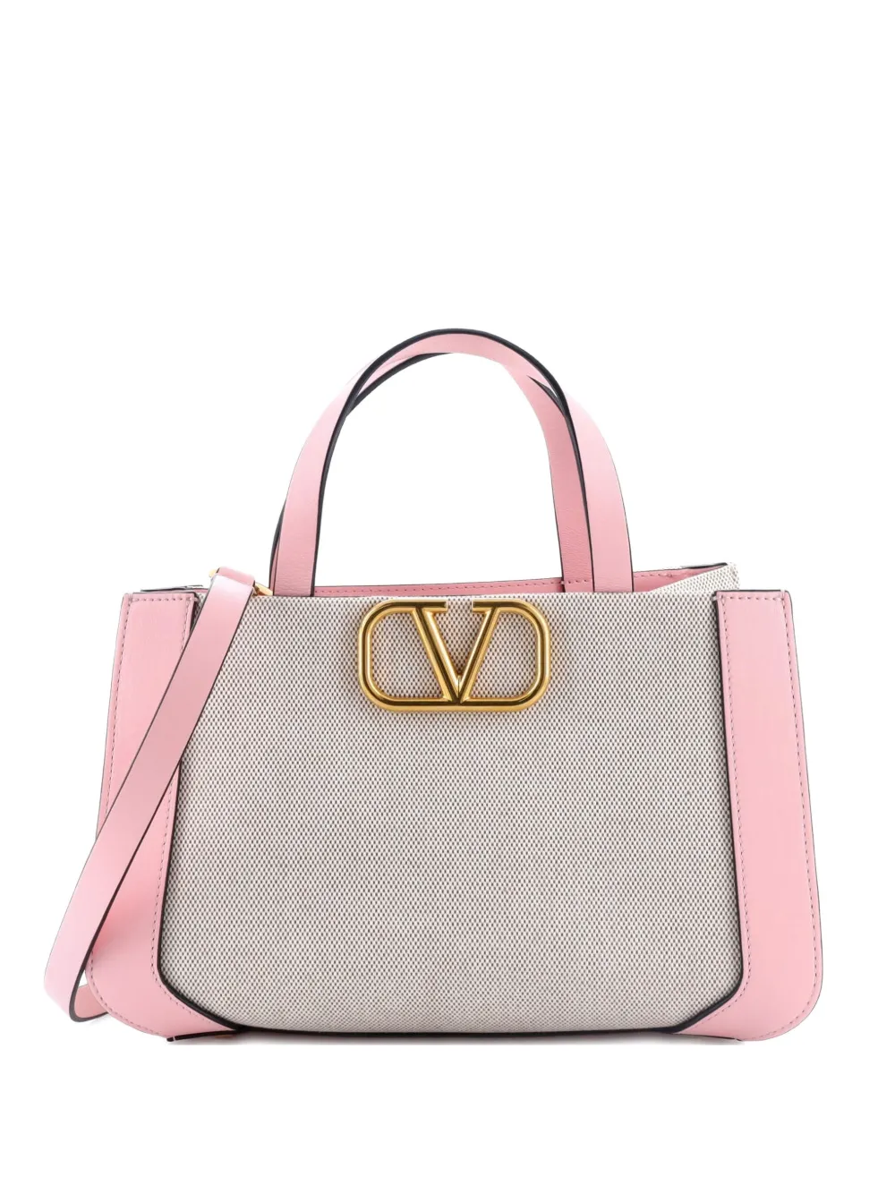 Pre-owned Valentino Garavani Vlogo Shopper Canvas And Leather Small Tote Bag In Neutral