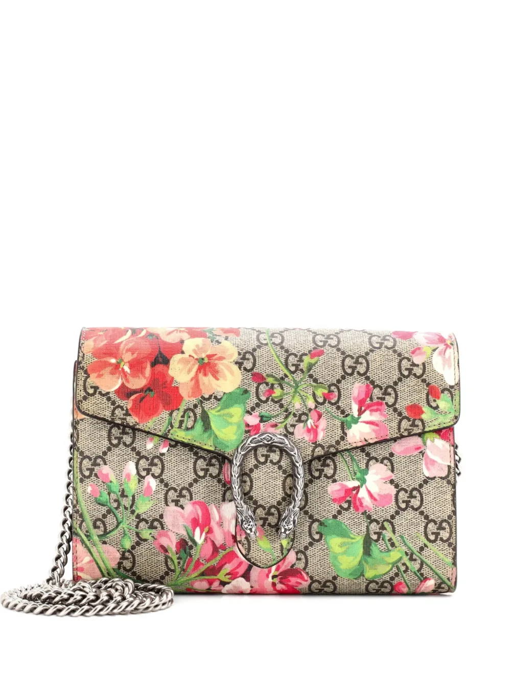Pre-owned Gucci Dionysus Chain Wallet Blooms Print Gg Coated Canvas Small Crossbody Bag In Brown