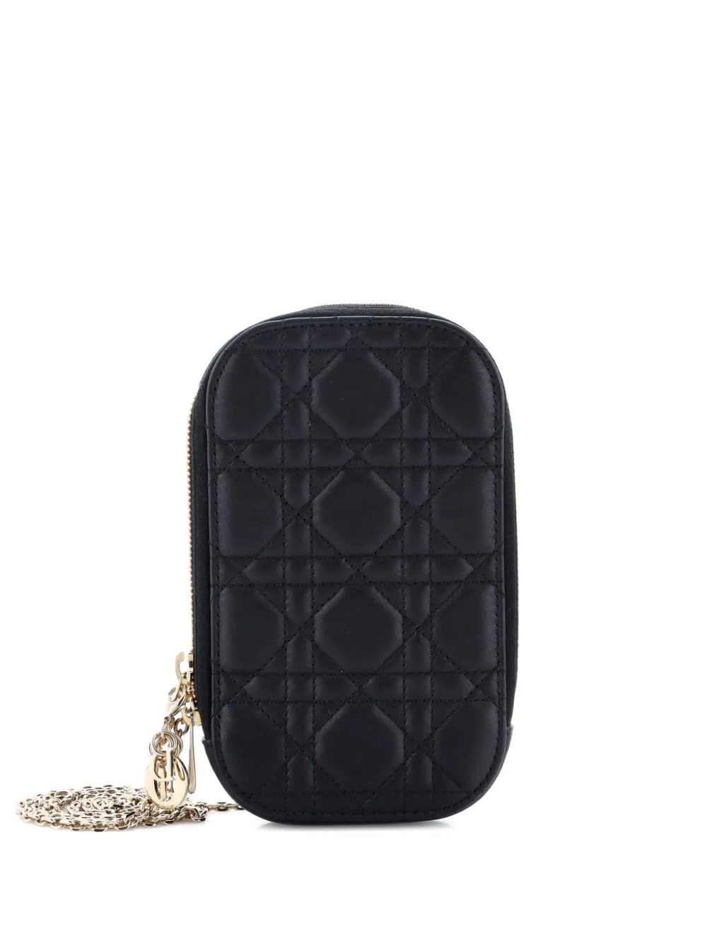 Pre-owned Dior Lady Phone Holder On Chain Cannage Quilt Lambskin Crossbody Bag In Black