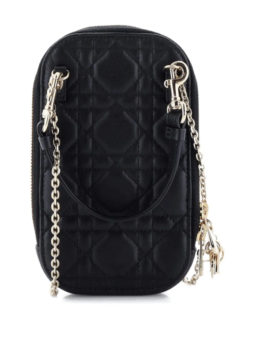 Pre-owned Dior Lady  Phone Holder On Chain Cannage Quilt Lambskin Crossbody Bag In Black