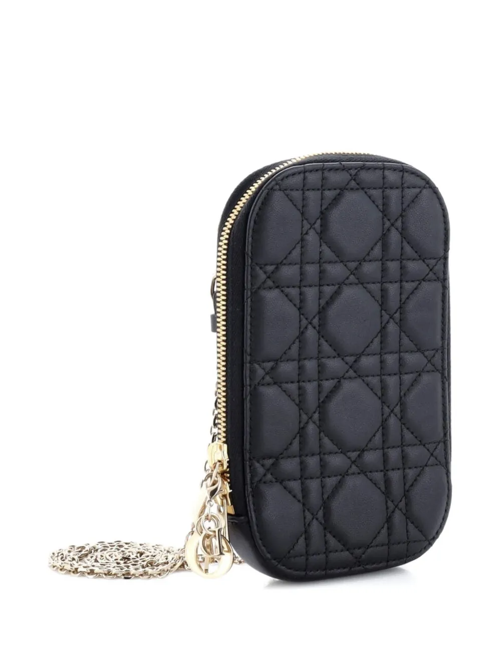 Pre-owned Dior Lady  Phone Holder On Chain Cannage Quilt Lambskin Crossbody Bag In Black