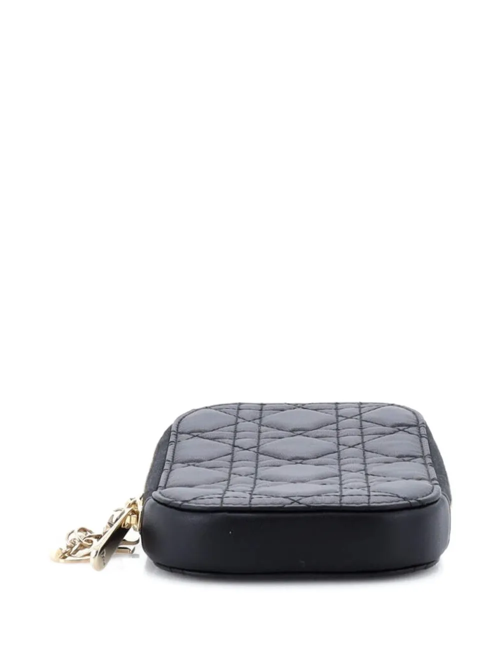 Pre-owned Dior Lady  Phone Holder On Chain Cannage Quilt Lambskin Crossbody Bag In Black
