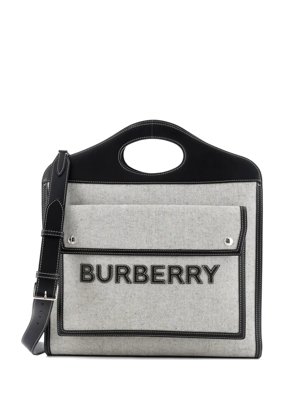 Pre-owned Burberry Logo Pocket Tote Canvas With Leather Medium Crossbody Bag In Black