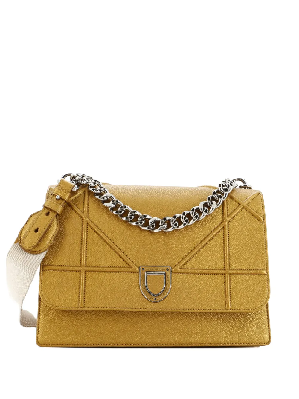 Pre-owned Dior Ama Chain Satchel Grained Leather Large Shoulder Bag In Gold