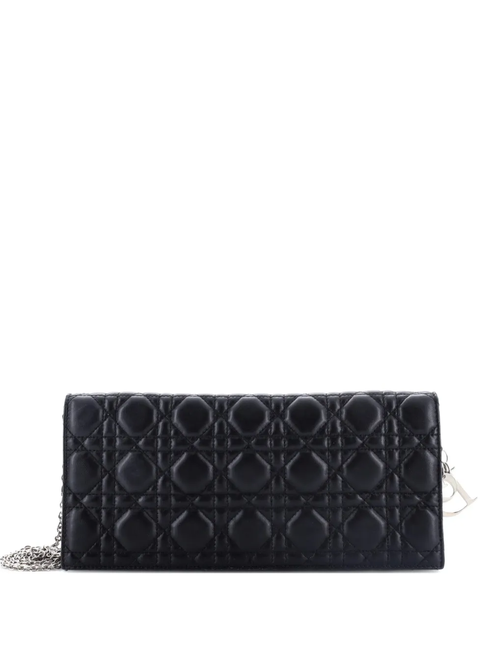 Pre-owned Dior Lady  Convertible Chain Cannage Quilt Leather Long Clutch Bag In Black