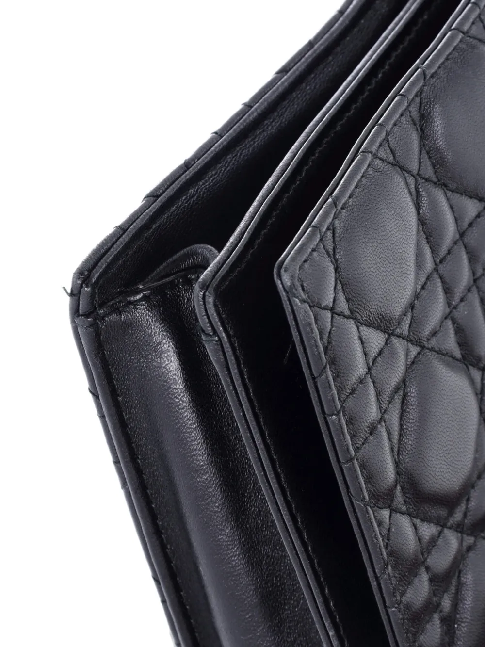 Pre-owned Dior Lady  Convertible Chain Cannage Quilt Leather Long Clutch Bag In Black