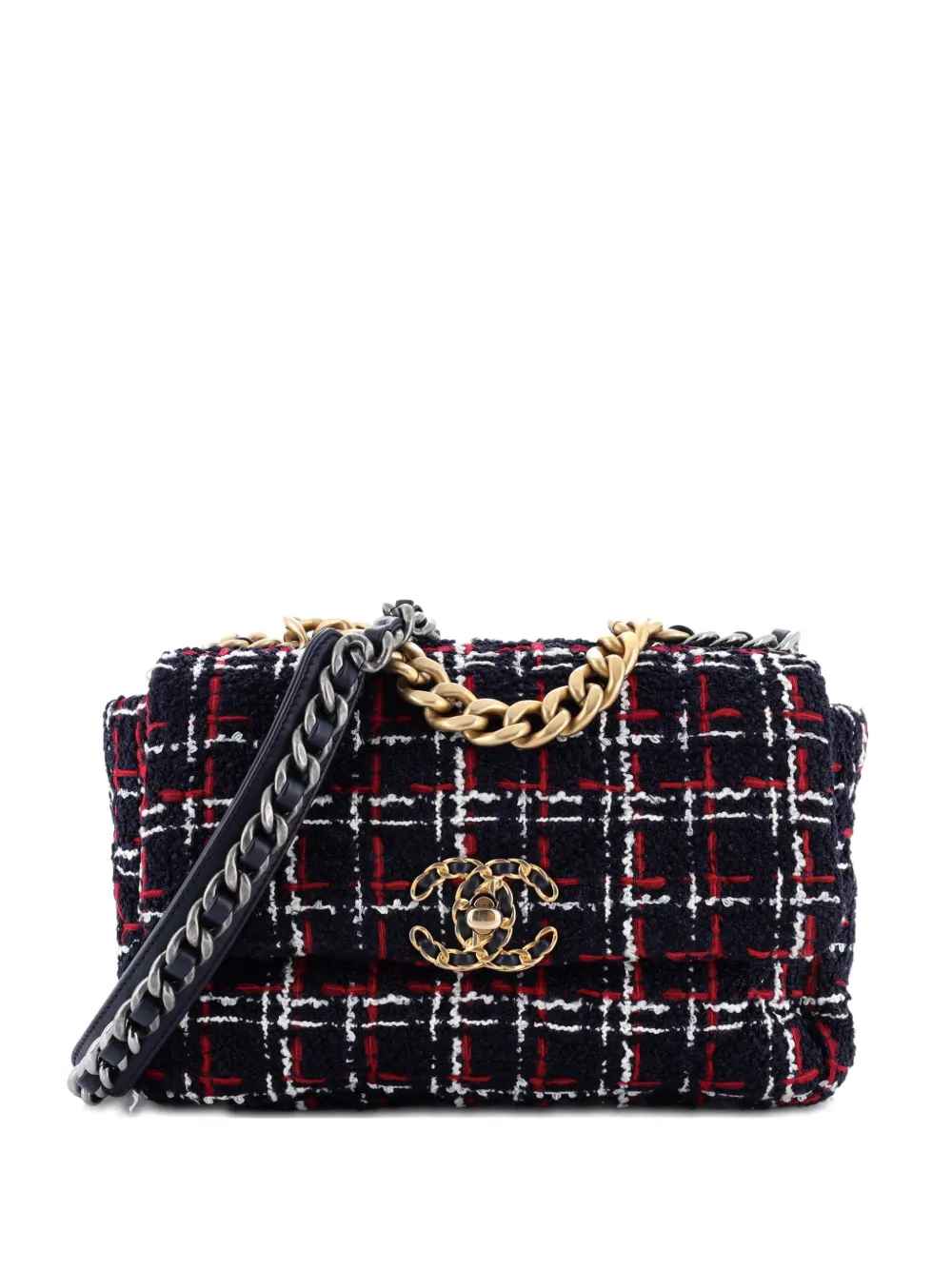 Pre-owned Chanel 19 Flap Bag Quilted Tweed Medium Crossbody Bag In Blue