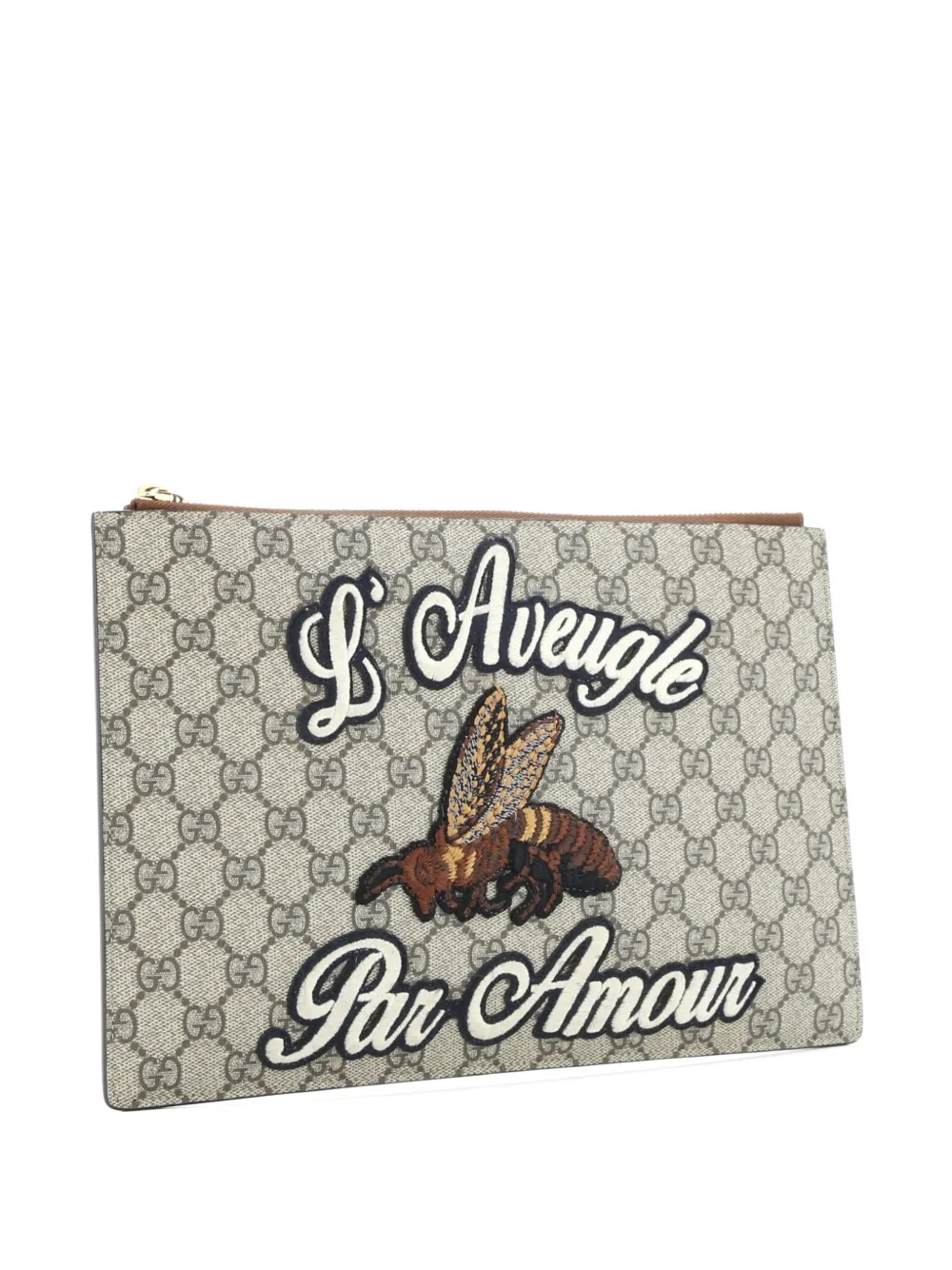 Pre-owned Gucci Zipped Pouch Leather With Applique Large Clutch Bag In Brown