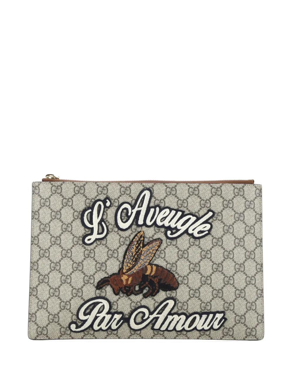 Pre-owned Gucci Zipped Pouch Leather With Applique Large Clutch Bag In Brown