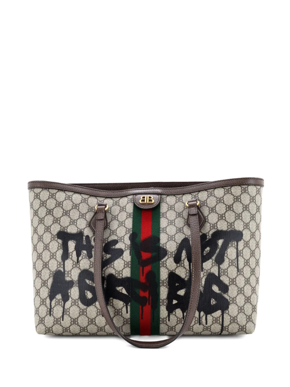 Pre-owned Balenciaga X Gucci The Hacker Project Graffiti Bb Coated Canvas Medium Tote Bag In Brown
