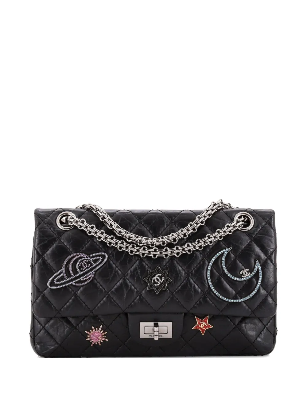 Pre-owned Chanel Space Charms Reissue 2.55 Flap Bag Quilted Aged Calfskin 225 Shoulder Bag In Black