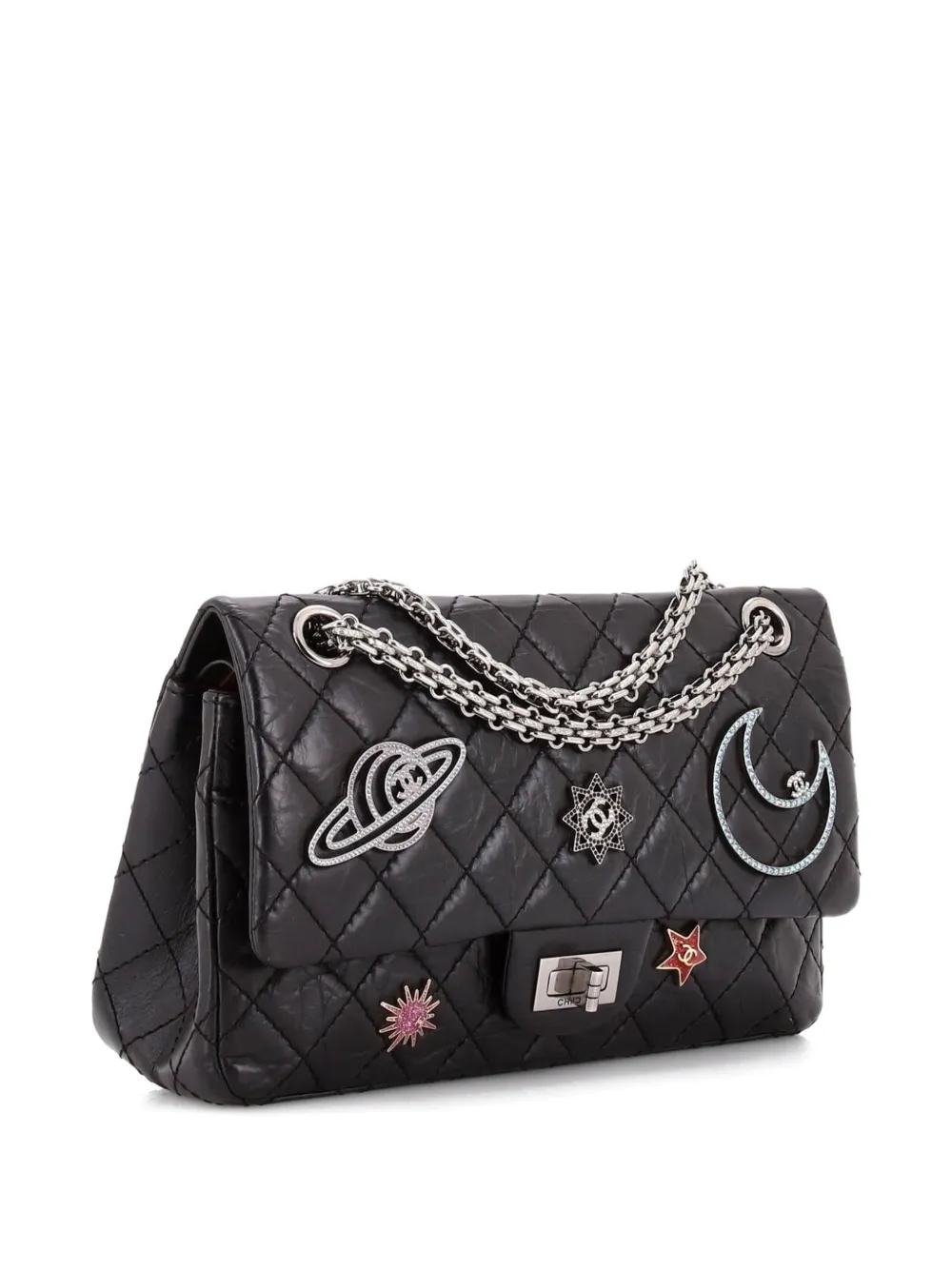 Pre-owned Chanel Space Charms Reissue 2.55 Flap Bag Quilted Aged Calfskin 225 Shoulder Bag In Black