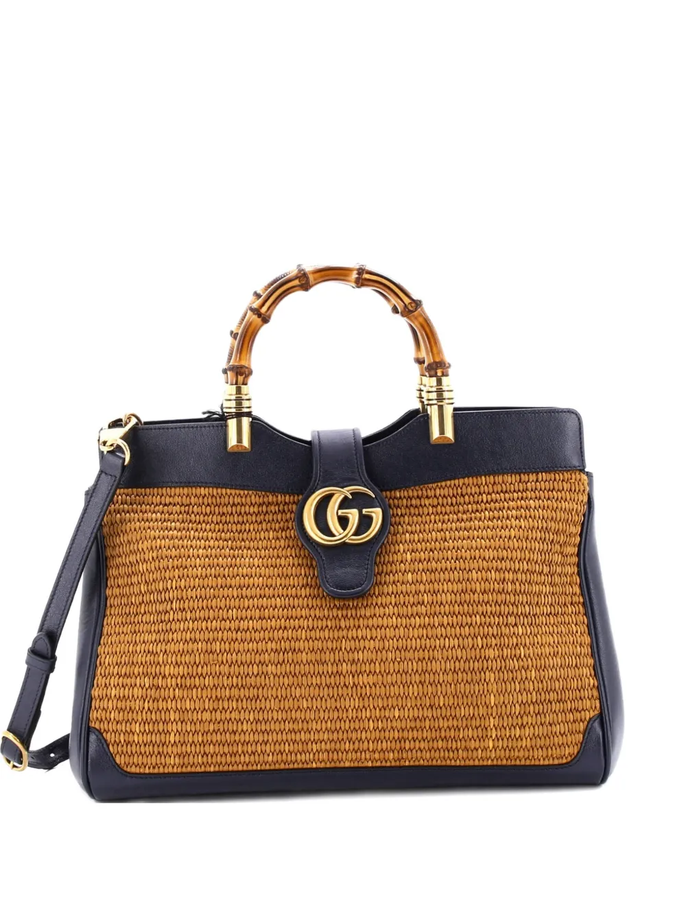 Pre-owned Gucci Dahlia Bamboo Top Handle Tote Straw And Leather Medium Satchel In Blue