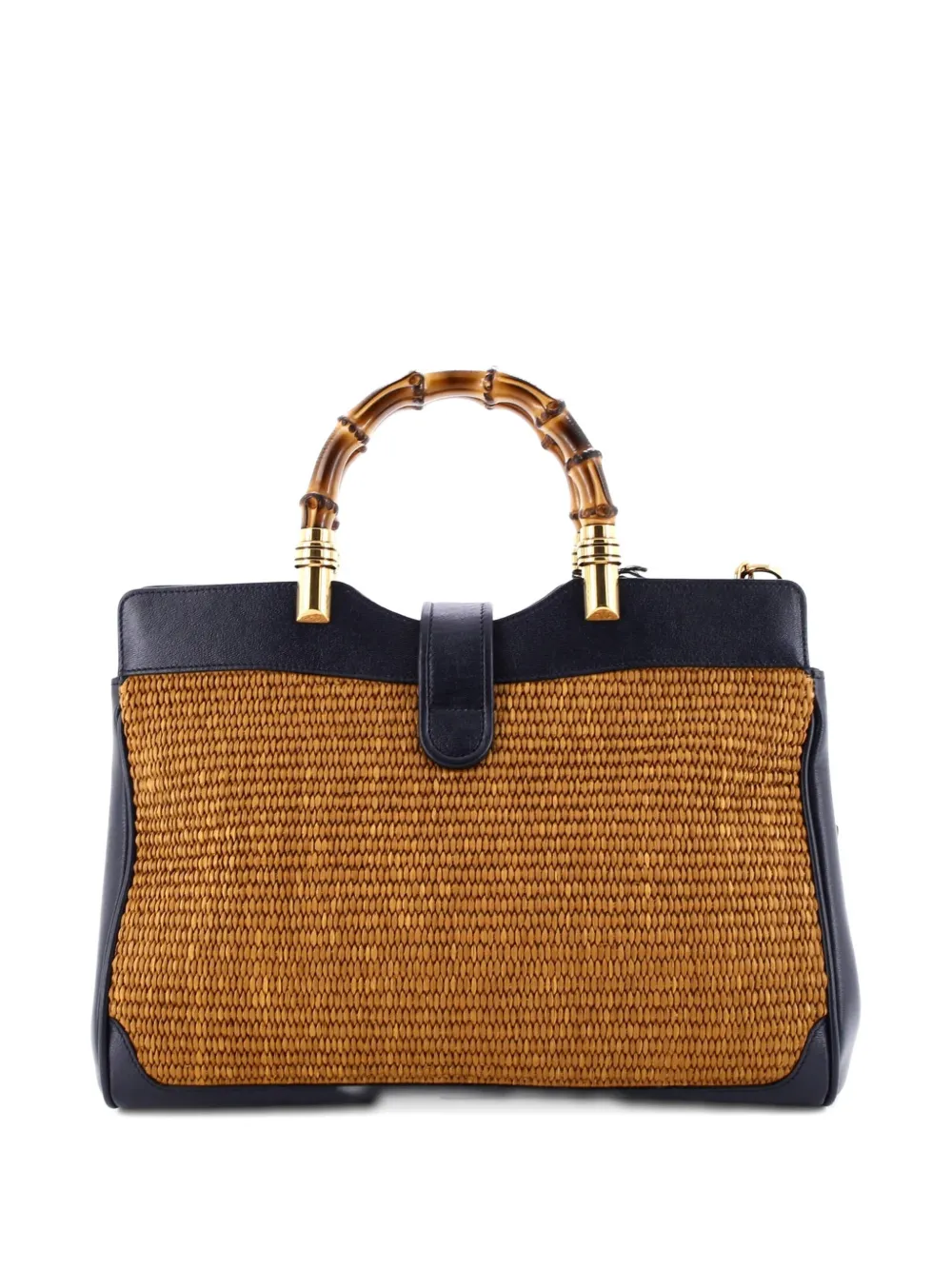 GUCCI Pre-owned Dahlia Bamboo Top Handle Tote Straw And Leather Medium Satchel In Blue