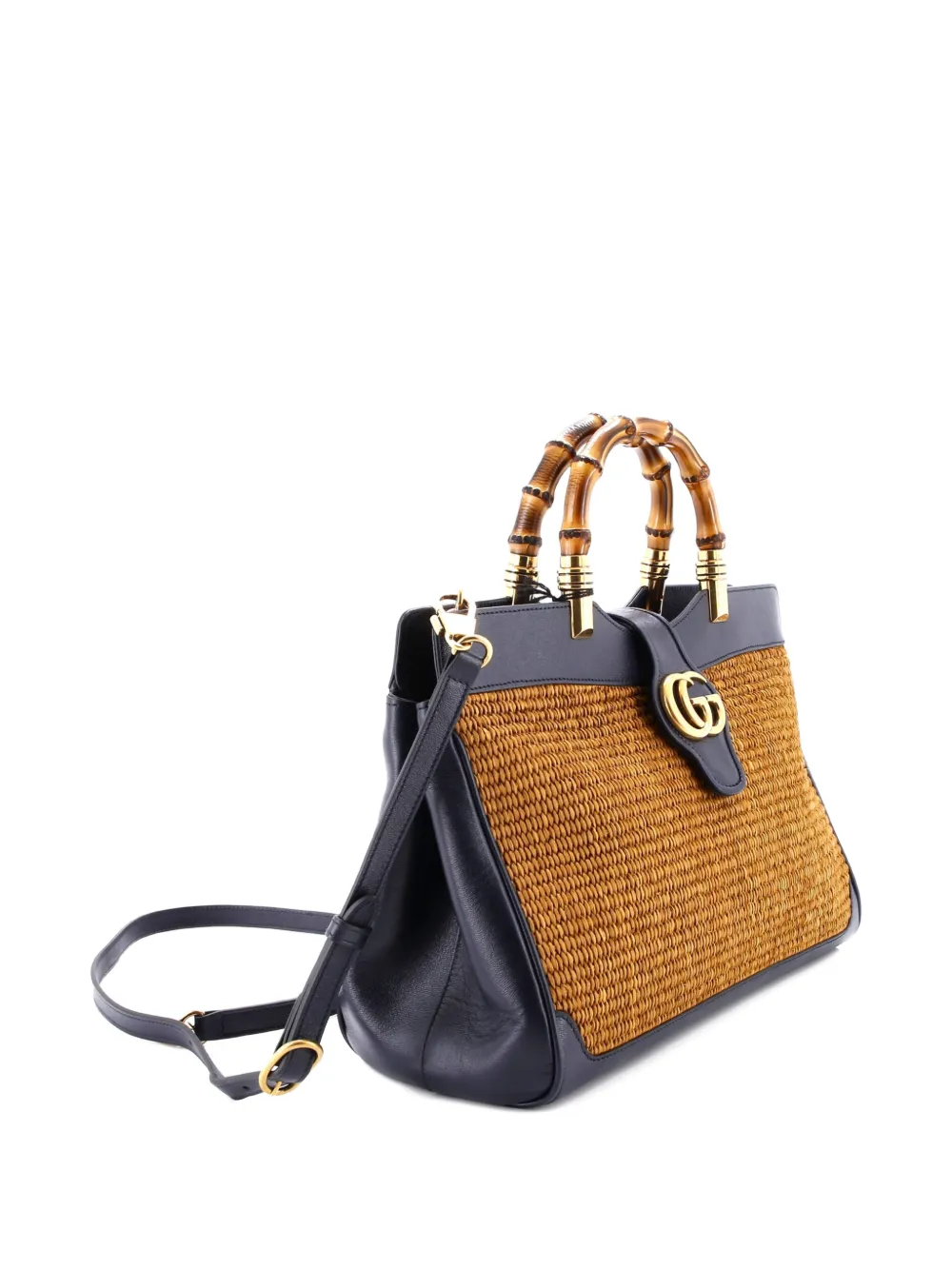 GUCCI Pre-owned Dahlia Bamboo Top Handle Tote Straw And Leather Medium Satchel In Blue