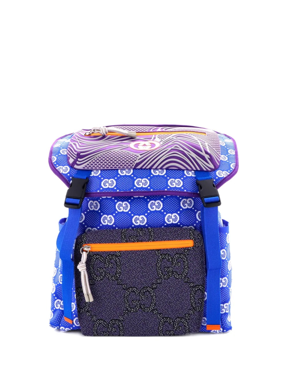 Pre-owned Gucci Panelled Double Buckle Gg Jacquard Nylon And Rubber Large Backpack In Blue